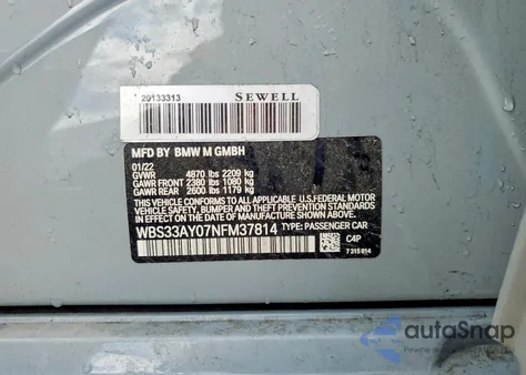 2022 BMW M3 Competition из США, поврежденный, VIN WBS33AY07NFM37814